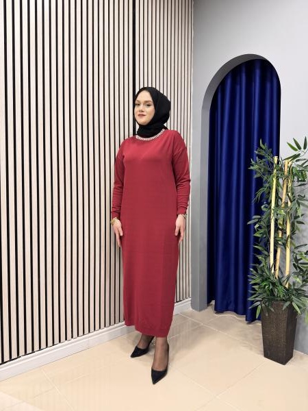 MISSEMRAMISS 4712 AMORE TAŞ İŞLEMELİ TRİKO ELBİSE VİŞNE