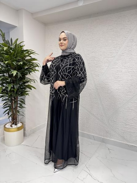 ETRUCCI 6227 TAŞ BASKI KARIŞIK DESENLİ TÜL ABAYA SİYAH