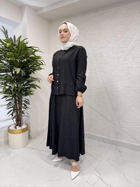 CLEMENCE 1447 KREP ETEKLİ TAKIM SİYAH