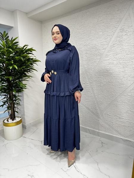 MISSEMRAMISS 4800 SHINY RUFFLE ELBİSE LACİVERT