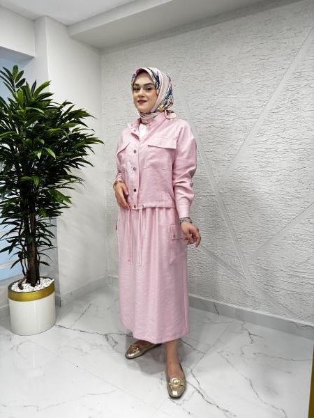 CEREMONY 59144 HAKİM YAKA BOMBER ETEĞİNİN İKİ YANI CEP DETAYLI TAKIM PEMBE