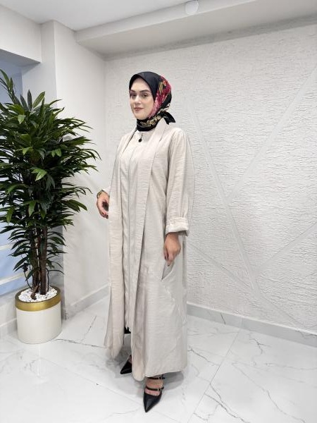 CEREMONY 5860 ÖNÜ FERMUARLI ŞAL YAKA DUBAI FERACE BEJ