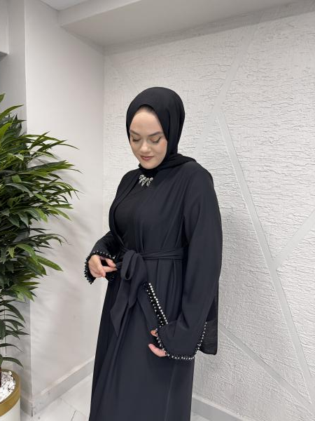 ETRUCCI 6215 KOL UCU VE CEP KENARLARINDA TAŞ İŞLEMELİ ABAYA SİYAH