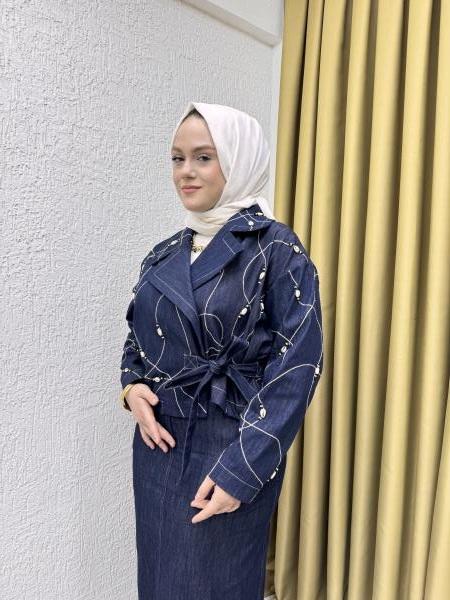 CEREMONY 1515 DENİZKABUKLU DENIM CEKET ETEK TAKIM LACİVERT