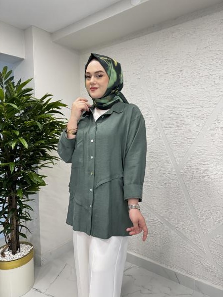 CEREMONY 5116 ÖNDEN DÜĞMELİ UZUN CEP DETAYLI PASION TUNİK TURMALİN YEŞİL