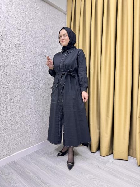 CEREMONY 5892 KONTRAST DİKİŞLİ ÖNÜ ÇITÇITLI TEK CEPLİ DUBAI GÖMLEK KAP SİYAH