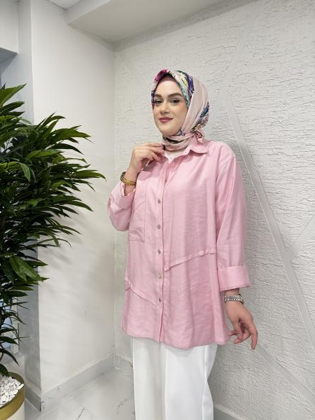 CEREMONY 5116 ÖNDEN DÜĞMELİ UZUN CEP DETAYLI PASION TUNİK PEMBE
