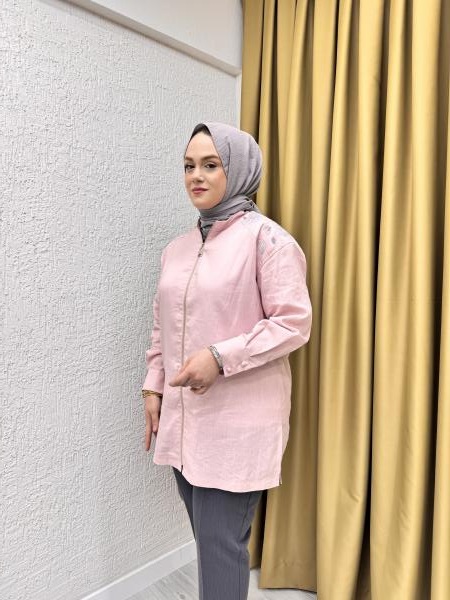 LİSA 5040 NAKIŞLI KETEN CEKET PEMBE