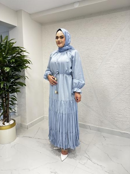 CEREMONY 5789 YAKASI FIR FIR VE BÜZGÜ DETAYLI UCU KRAŞLI CUPRA ELBİSE MAVİ