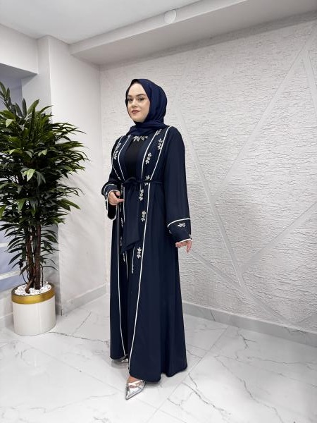 ETRUCCI 6213 BİYE VE EL İŞİ TAŞ İŞLEME DETAYLI ABAYA LACİVERT