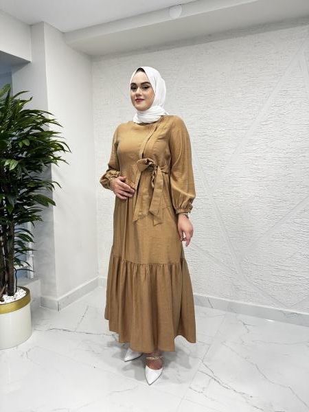 CEREMONY 5788 YANDAN BAĞLAMALI İÇLİKLİ CUPRA ELBİSE CAMEL