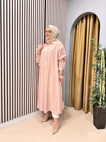 CEREMONY 5893 ÇİFT KATLI ÖNDEN DÜĞMELİ KOLU İŞLEME DETAYLI GÖMLEK KAP PEMBE