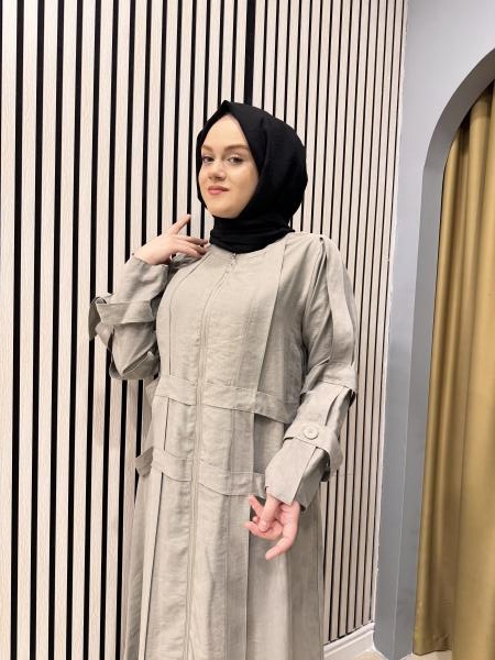 CEREMONY 5856 KOLU VE ÖN BEDENİ KAFES DETAYLI FERMUARLI PASION FERACE GRİ