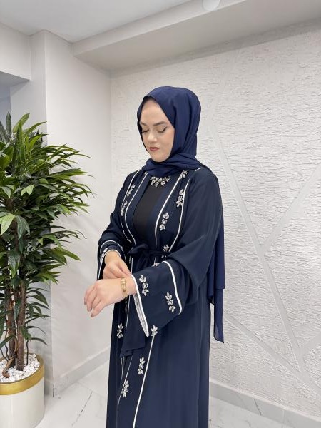 ETRUCCI 6213 BİYE VE EL İŞİ TAŞ İŞLEME DETAYLI ABAYA LACİVERT