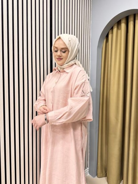 CEREMONY 5893 ÇİFT KATLI ÖNDEN DÜĞMELİ KOLU İŞLEME DETAYLI GÖMLEK KAP PEMBE