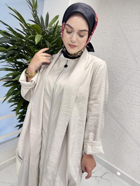 CEREMONY 5860 ÖNÜ FERMUARLI ŞAL YAKA DUBAI FERACE BEJ