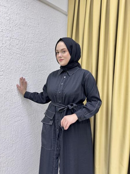 CEREMONY 5892 KONTRAST DİKİŞLİ ÖNÜ ÇITÇITLI TEK CEPLİ DUBAI GÖMLEK KAP SİYAH