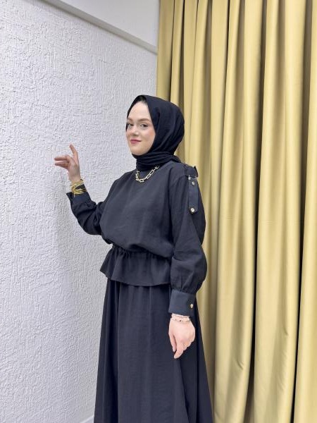 CEREMONY 5958 OMUZLARI APOLET DETAYLI DÜĞMELİ DUBAI GARNİLİ PASION ETEKLİ TAKIM SİYAH