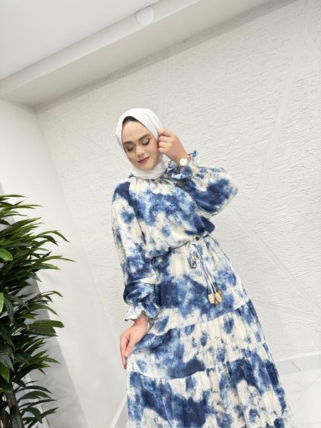 CEREMONY 5788 YANDAN BAĞLAMALI İÇLİKLİ CUPRA ELBİSE DESENLİ MAVİ