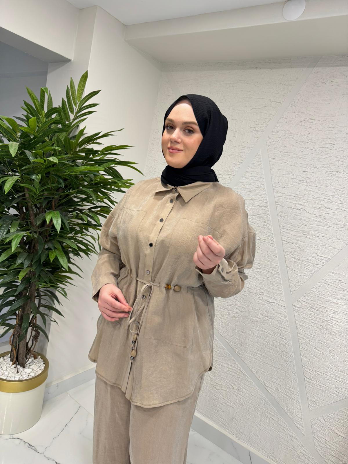 CEREMONY 26Y908 BELİ BAĞCIKLI VE BONCUK DETAYLI PANTOLONLU SUEL TAKIM BEJ