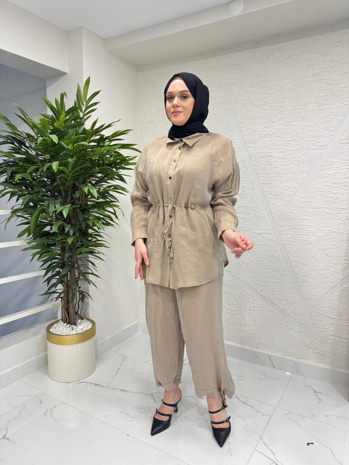 CEREMONY 26Y908 BELİ BAĞCIKLI VE BONCUK DETAYLI PANTOLONLU SUEL TAKIM BEJ