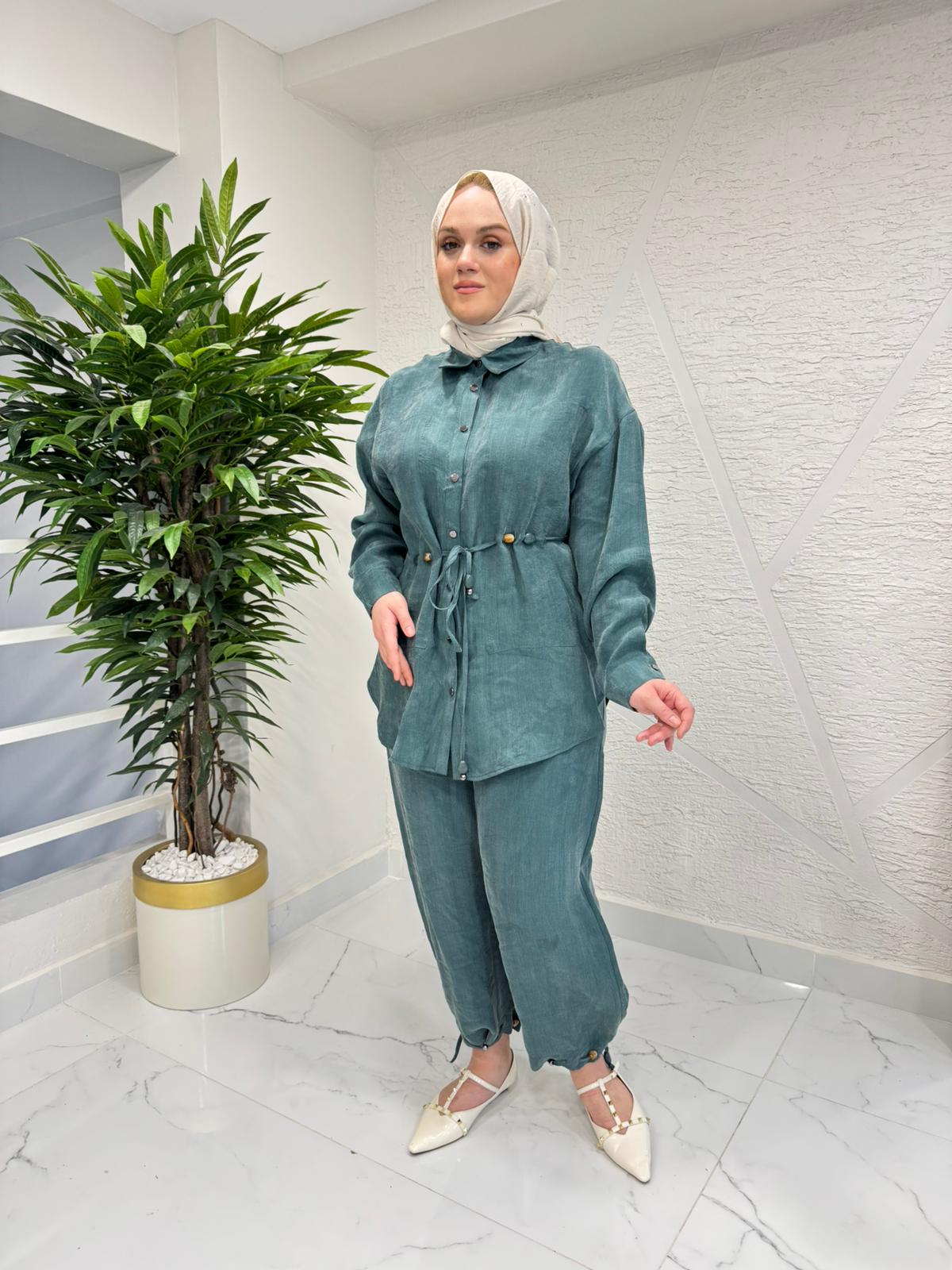 CEREMONY 26Y908 BELİ BAĞCIKLI VE BONCUK DETAYLI PANTOLONLU SUEL TAKIM YEŞİL