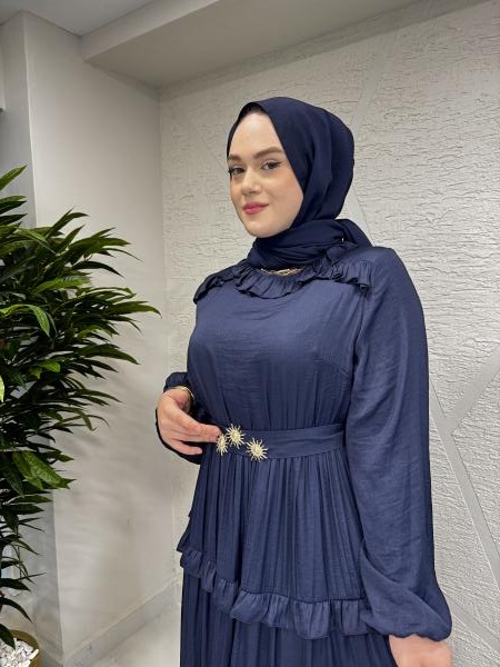 MISSEMRAMISS 4800 SHINY RUFFLE ELBİSE LACİVERT