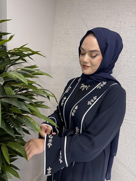 ETRUCCI 6213 BİYE VE EL İŞİ TAŞ İŞLEME DETAYLI ABAYA LACİVERT