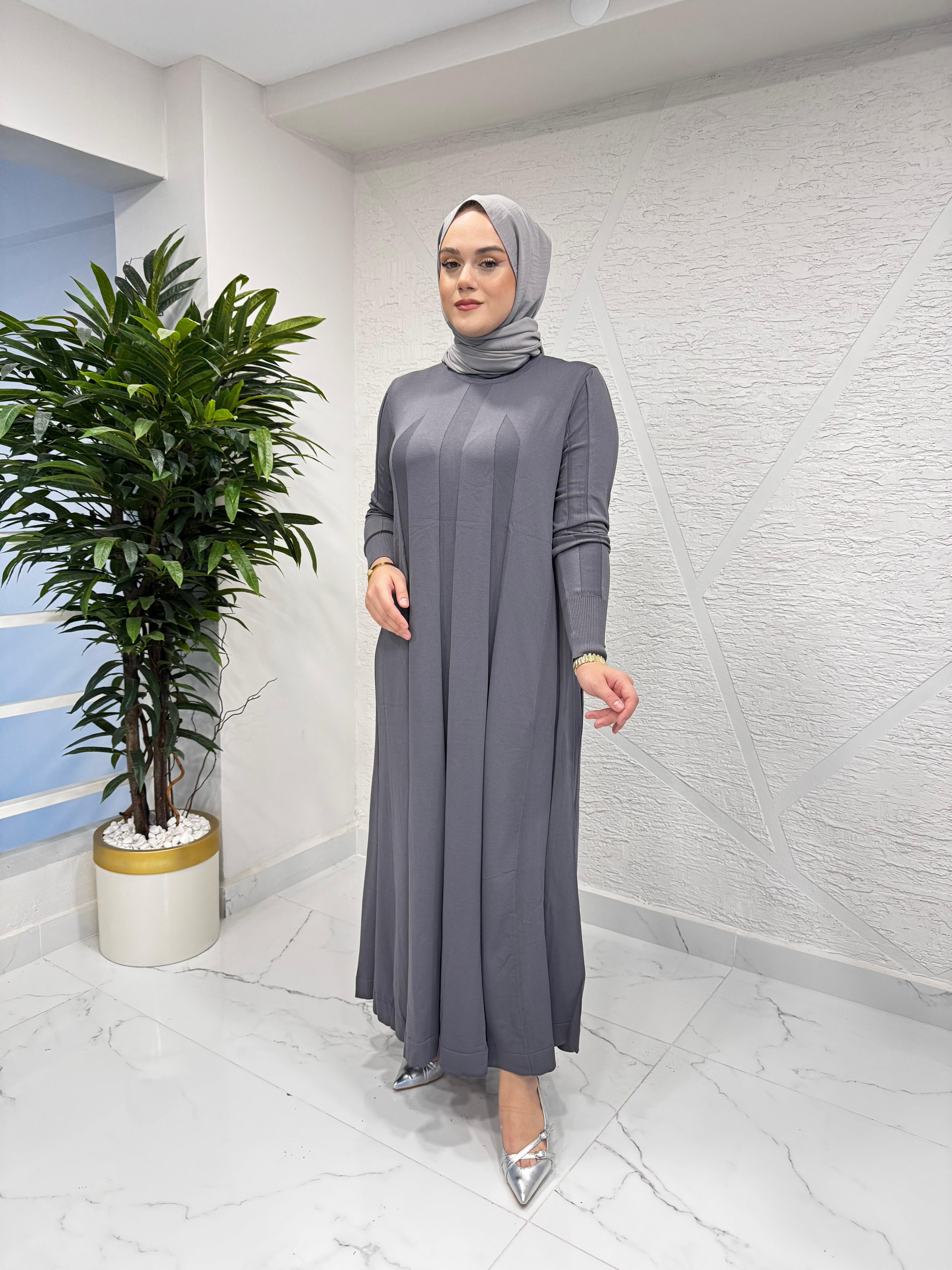 NİLİWİ 3078 OLUK FİTİLLİ TRİKO ELBİSE KOYU GRİ