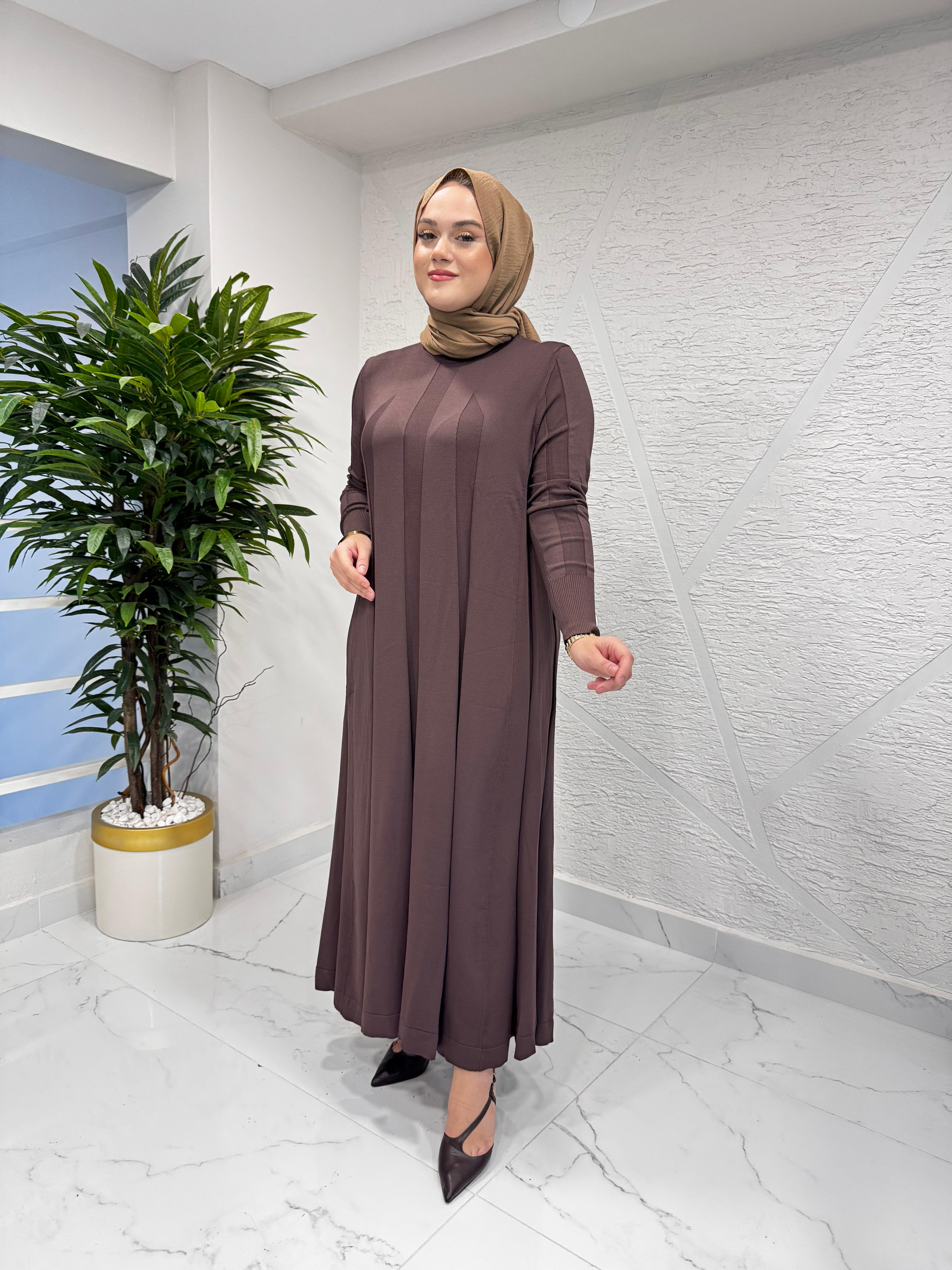 NİLİWİ 3078 OLUK FİTİLLİ TRİKO ELBİSE KAHVERENGİ