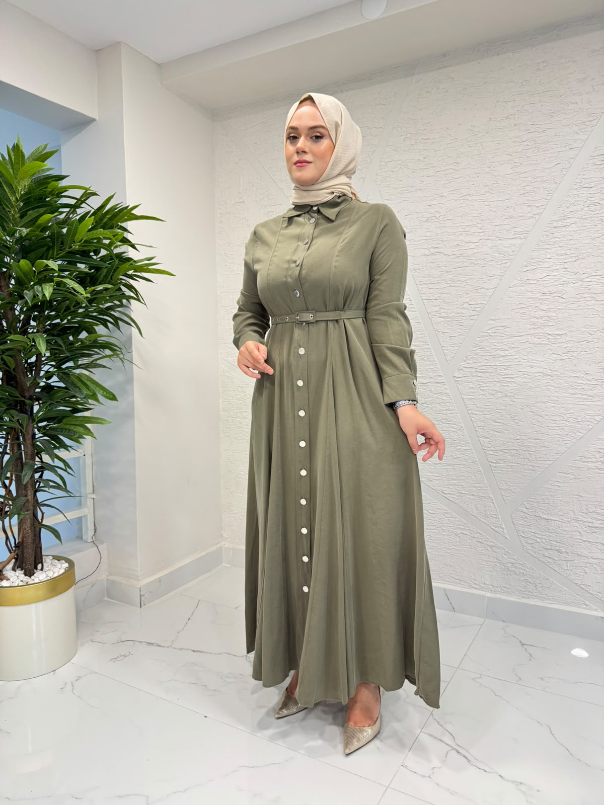 MİHRAN 3089 KEMER VE DÜĞMELİ ELBİSE HAKİ