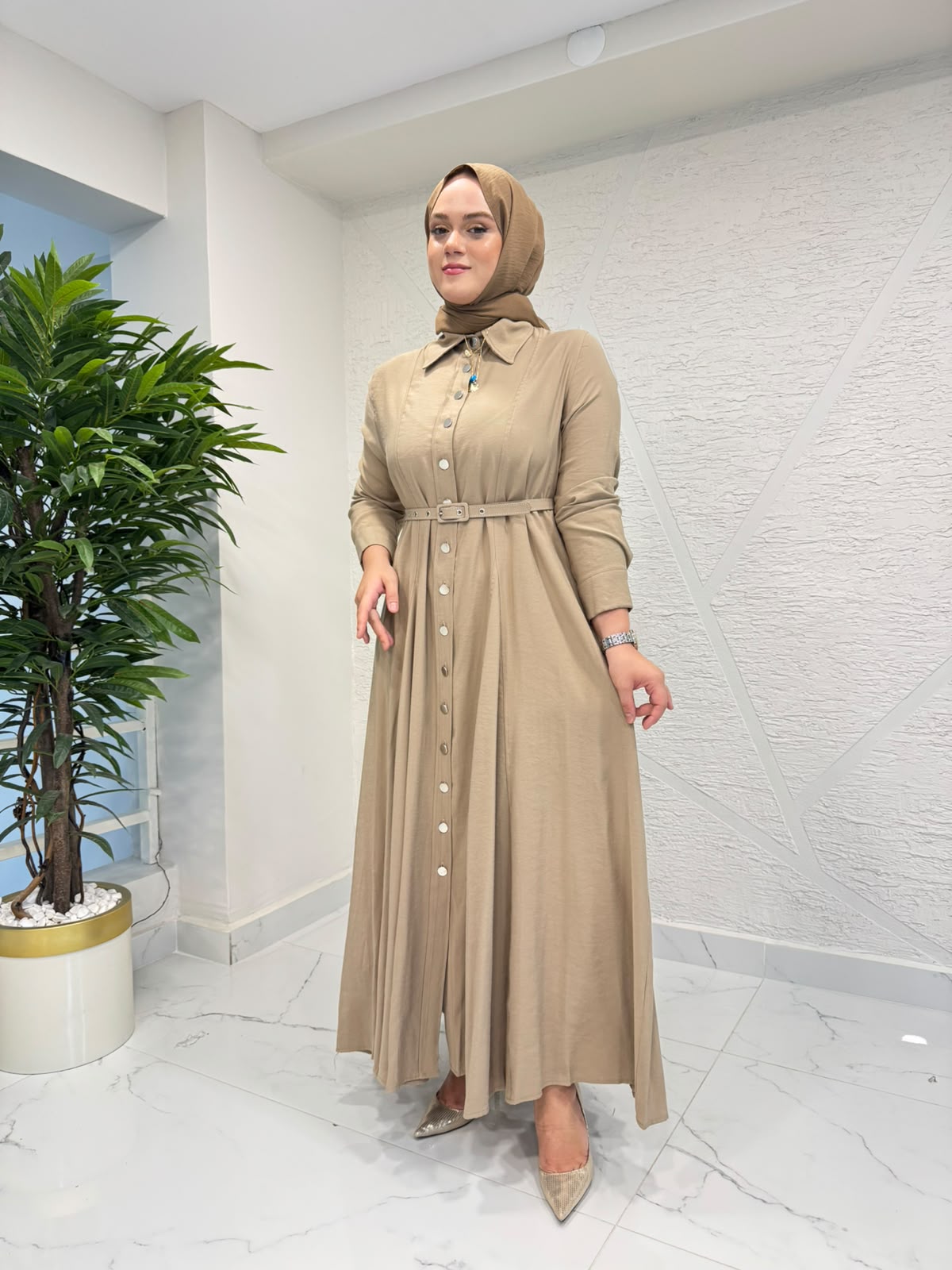 MİHRAN 3089 KEMER VE DÜĞMELİ ELBİSE VİZON