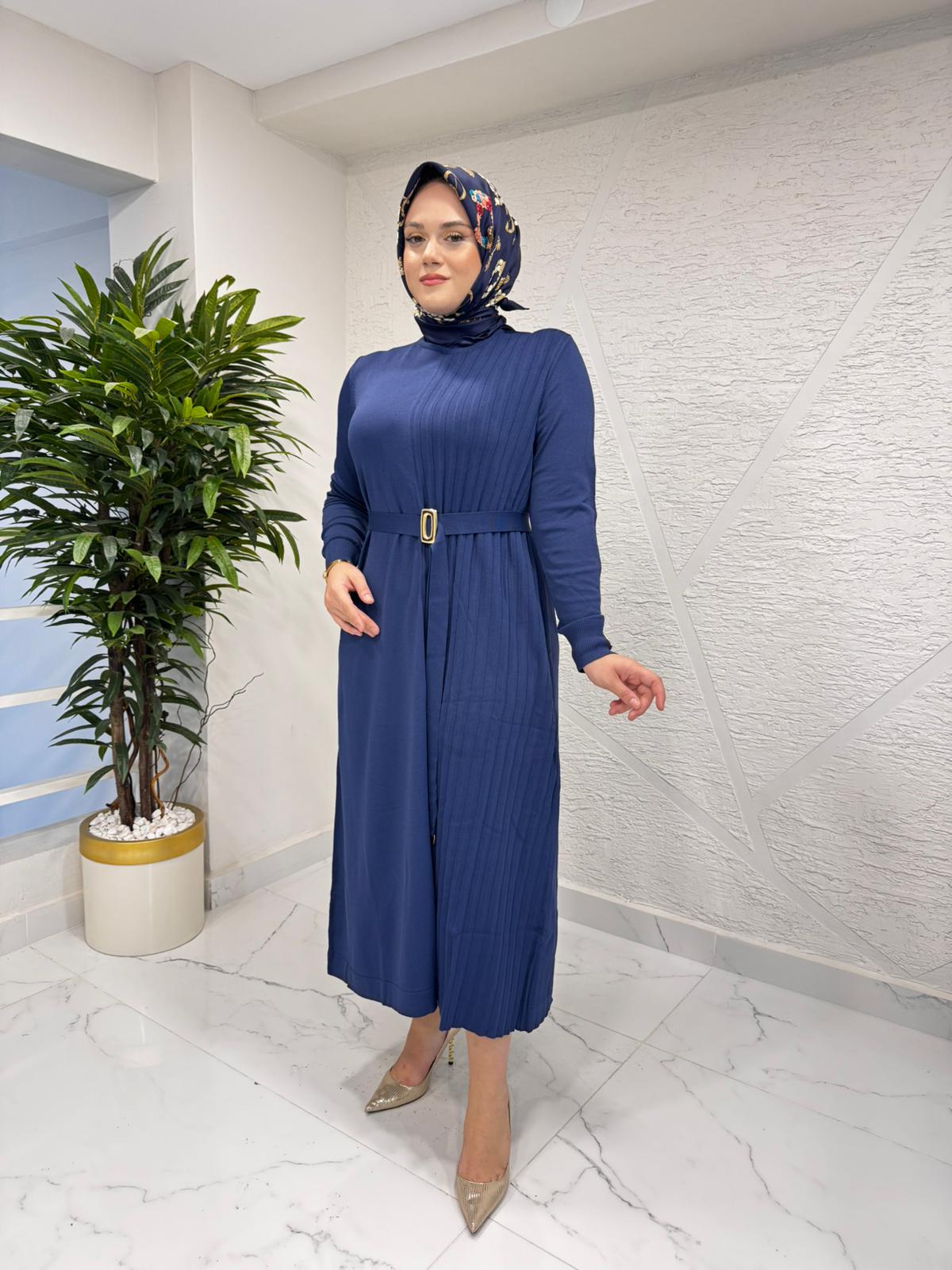 NİLİWİ 3093 SOL TARAFI PİLELİ TRİKO ELBİSE LACİVERT