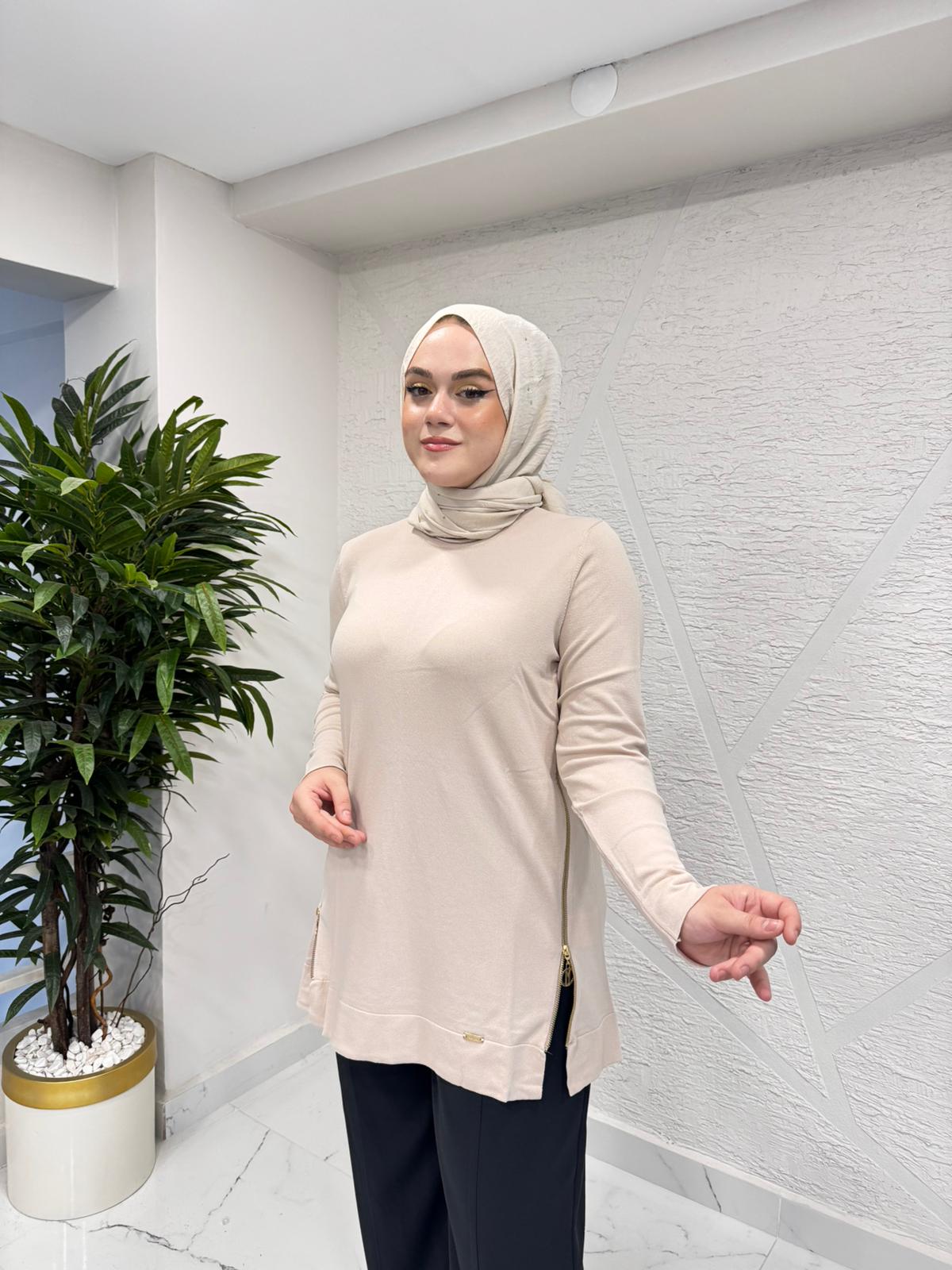 NİLİWİ 3101 YANLARI FERMUARLI TRİKO TUNİK BEJ