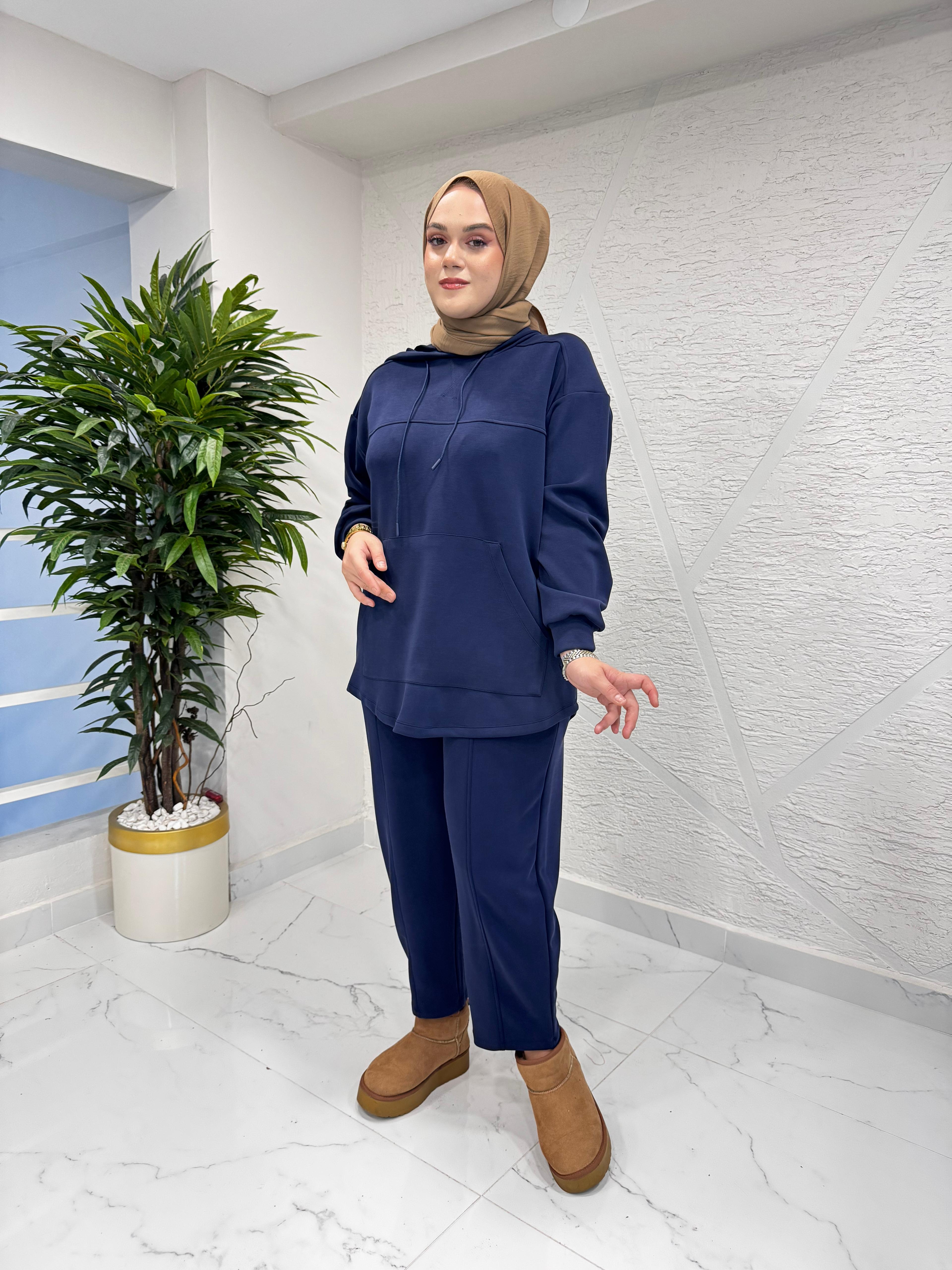 İKOL 36056 KESİK DETAYLI KANGURU CEPLİ TAKIM LACİVERT