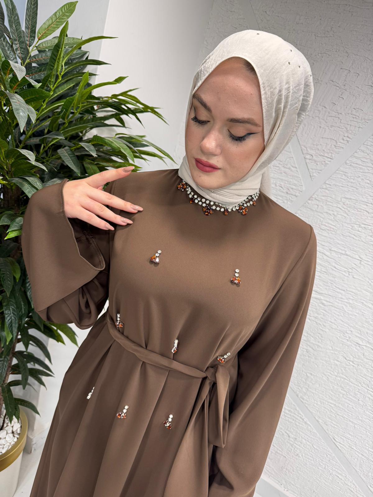 ETRUCCI 4130 TAŞ İŞLEMELİ ABAYA KAHVERENGİ