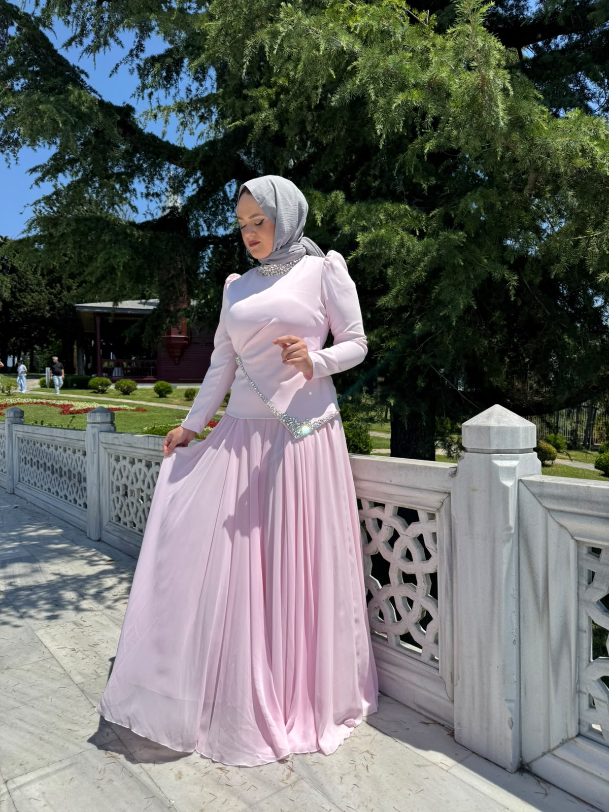TUAY 4502 KREP ABİYE ELBİSE PEMBE