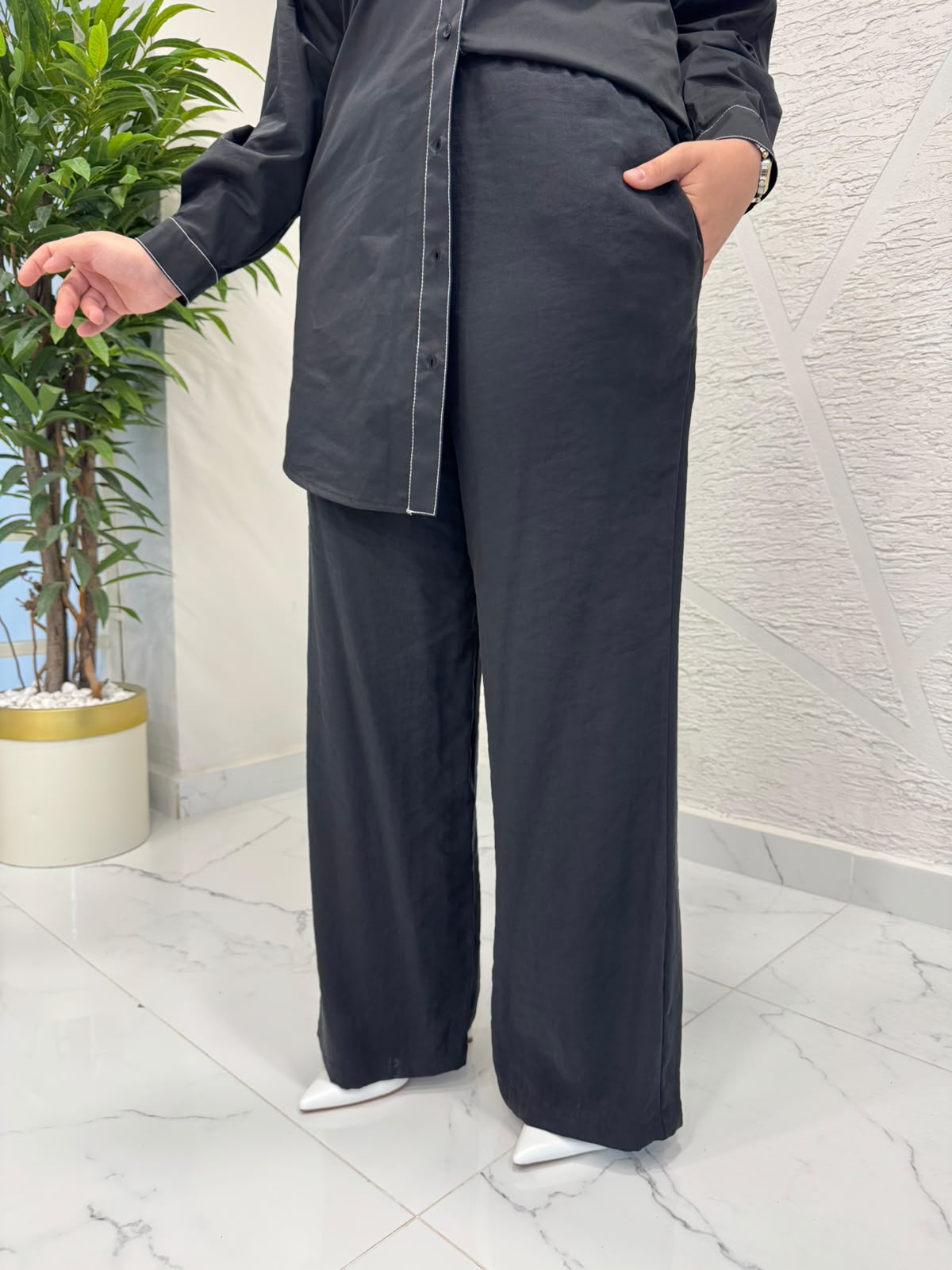 CEREMONY S-5347 BELİ LASTİK VE BAĞLAMA DETAYLI BOL PAÇA PASİON PANTOLON SİYAH