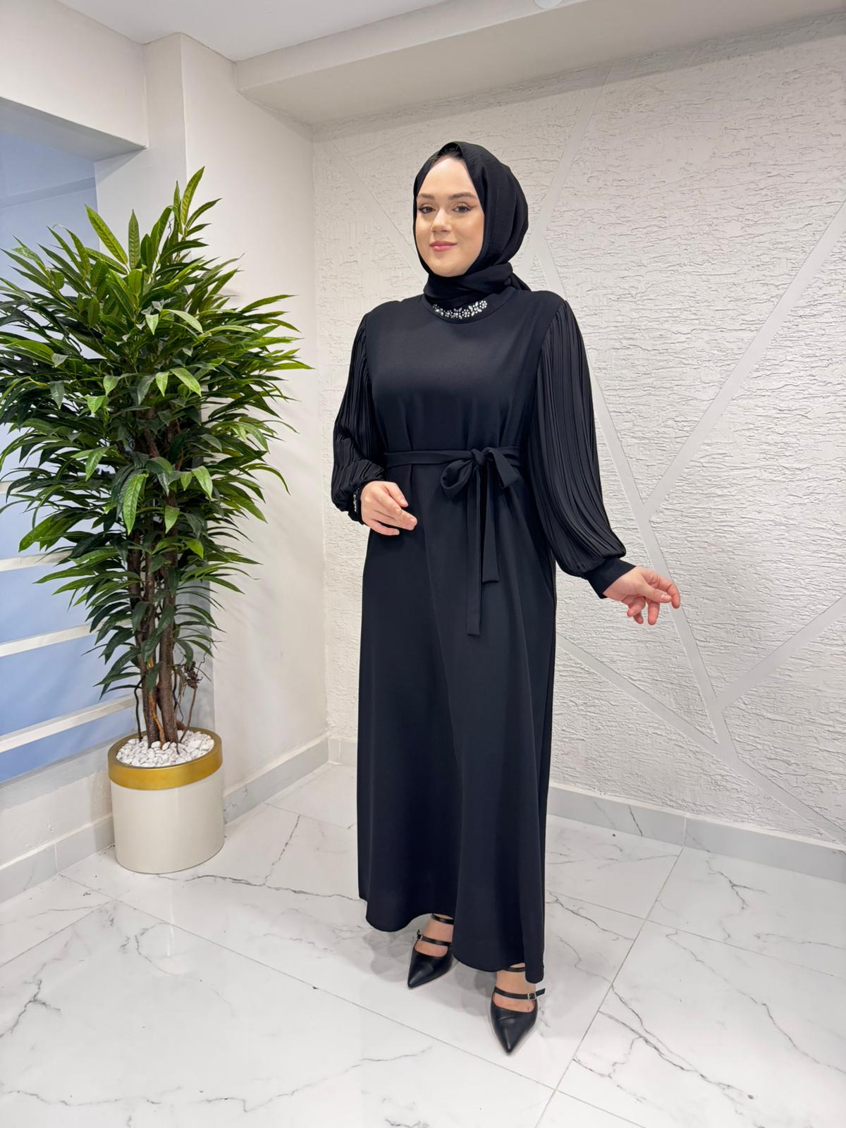 CLEMENCE 5449 KREP TAŞLI ELBİSE SİYAH