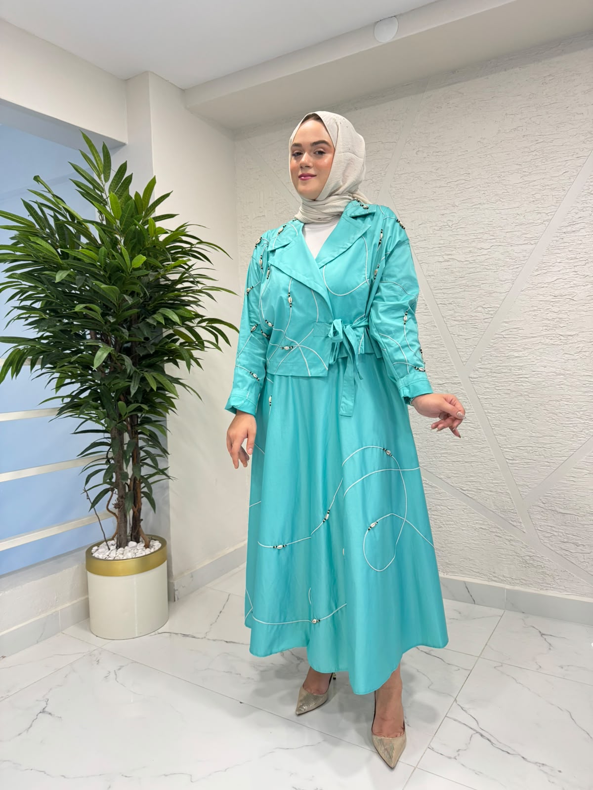 CEREMONY S-58121 PAPER TOUCH LASE VE MİDYE İŞLEMELİ YANDAN BAĞLAMALI CEKET TURKUAZ