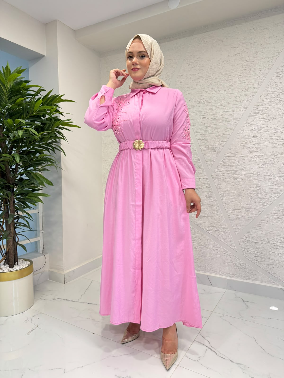 7 ALA OTANTİK 6010 NAKIŞLI MODAL ELBİSE PEMBE