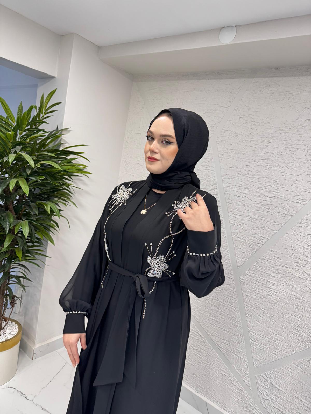 ETRUCCI 6202 (3803 İÇLİK DAHİL) KOLLARI ŞİFON VE OMUZDAN AŞAĞI TAŞ İŞLEMELİ ABAYA SİYAH