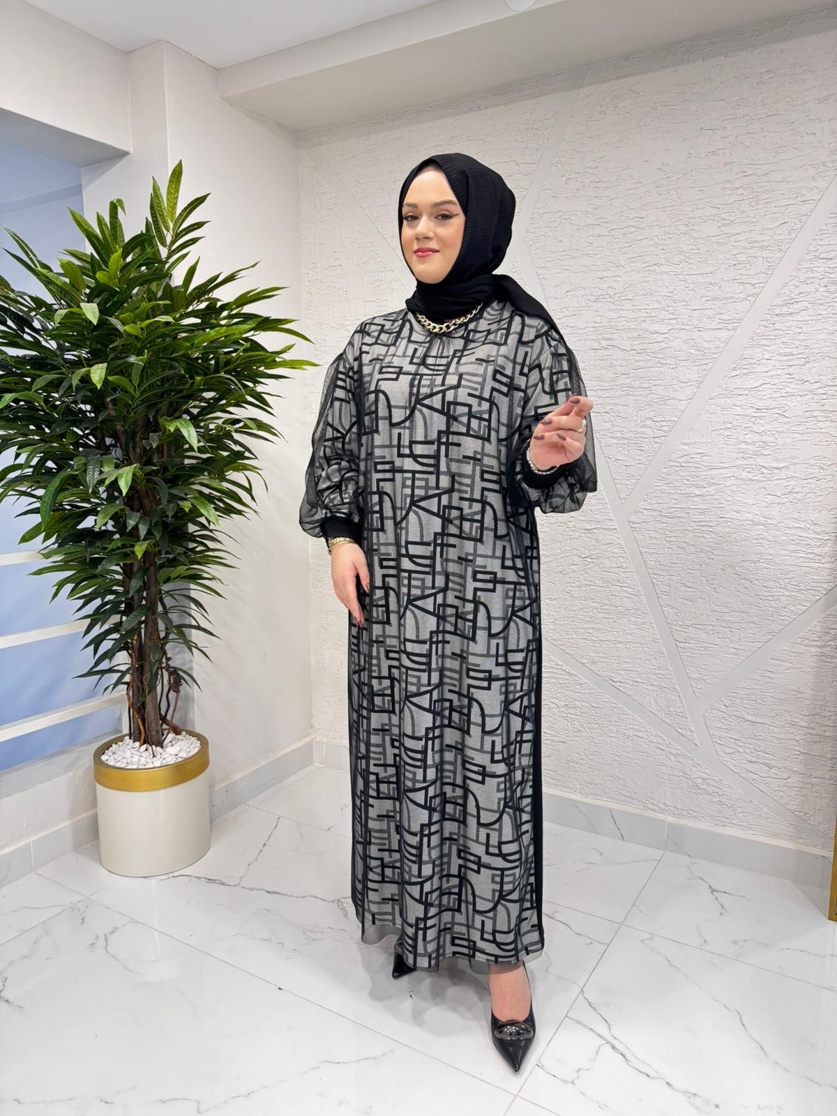 CEREMONY 6720 TÜL DETAYLI BASKILI TRİKO ELBİSE ORİJİNAL