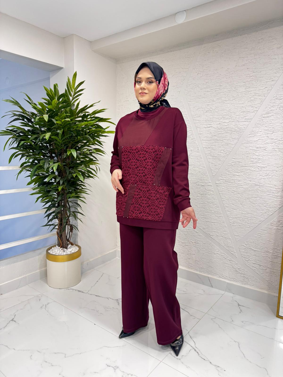 CEREMONY 6932 DANTEL DETAYLI ÇELİK ÖRME TAKIM BORDO