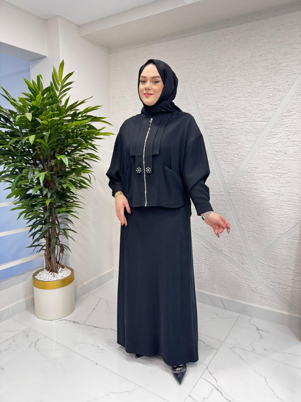 CEREMONY 6944 CEKETİNİN ÖN PATI İKİ PİLE İKİ ÇİÇEK TAŞ DETAY ELBİSELİ TAKIM SİYAH