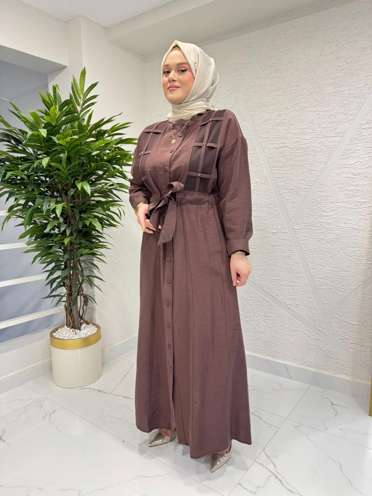 CEREMONY 26Y702 KAFES DETAYLI BELDEN KUŞAKLI KETEN ELBİSE KAHVERENGİ