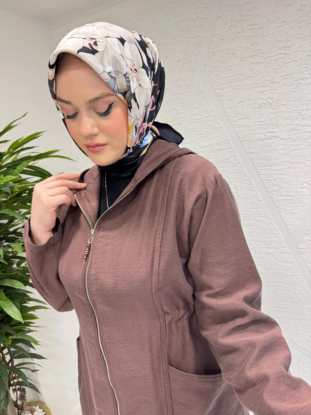 CEREMONY 26Y803 KAPÜŞONU VE ÖNÜ FERMUARLI KETEN KAP KAHVERENGİ