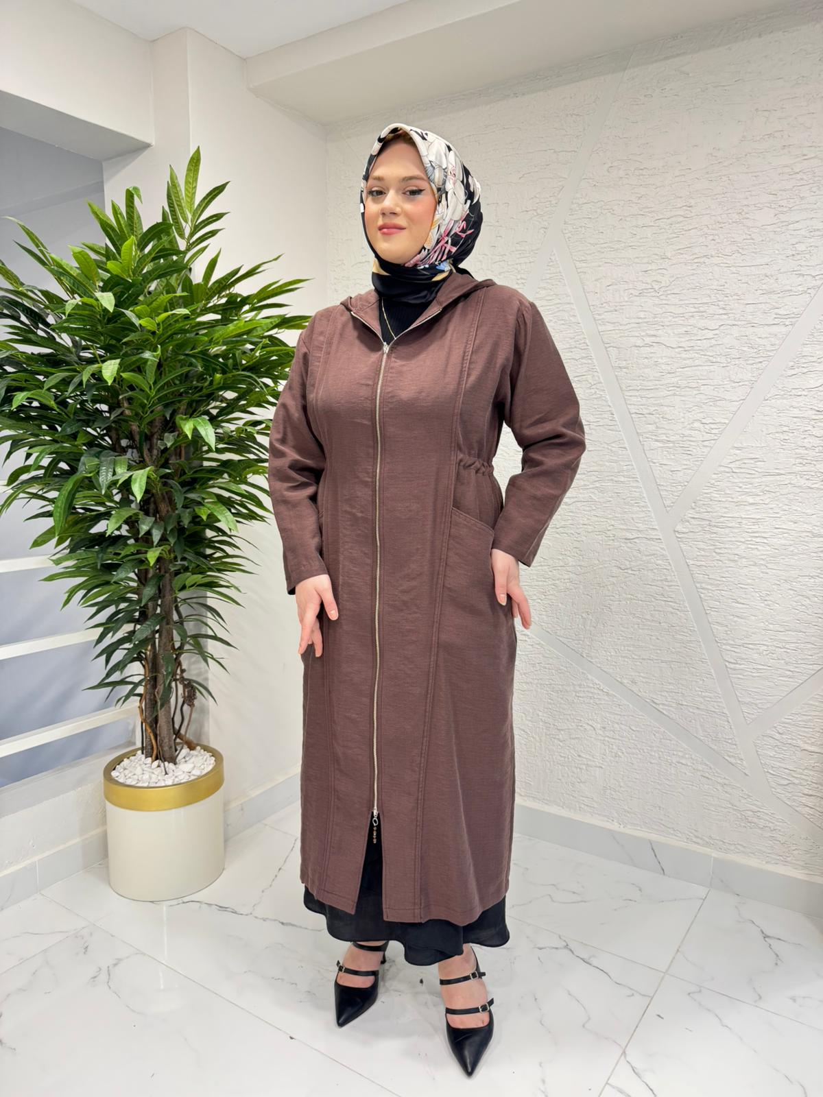 CEREMONY 26Y803 KAPÜŞONU VE ÖNÜ FERMUARLI KETEN KAP KAHVERENGİ