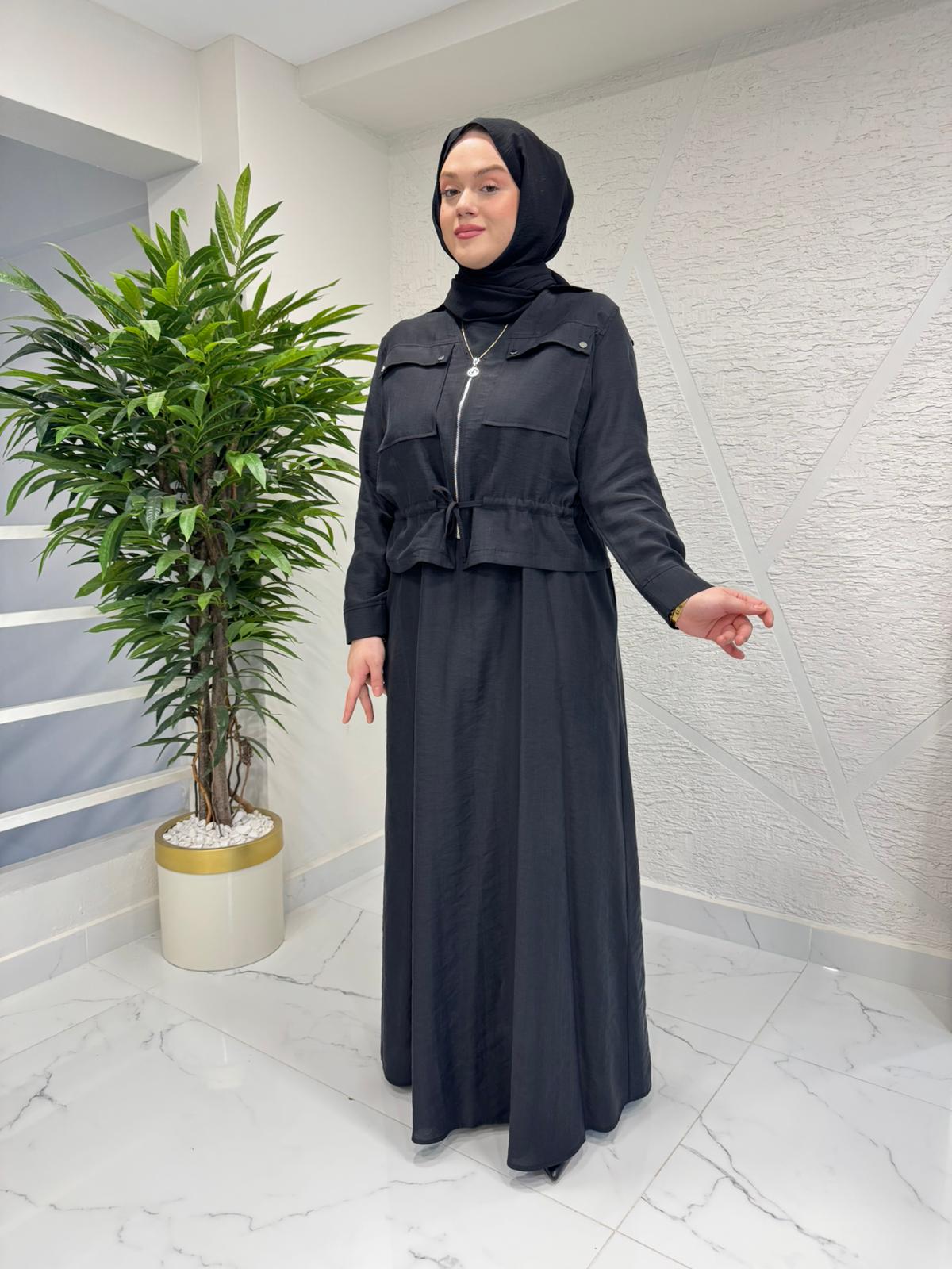 CEREMONY 26Y909 BELİ BÜZGÜLÜ VE FERMUAR DETAYLI SAFARİ BOLEROLU ELBİSE SİYAH