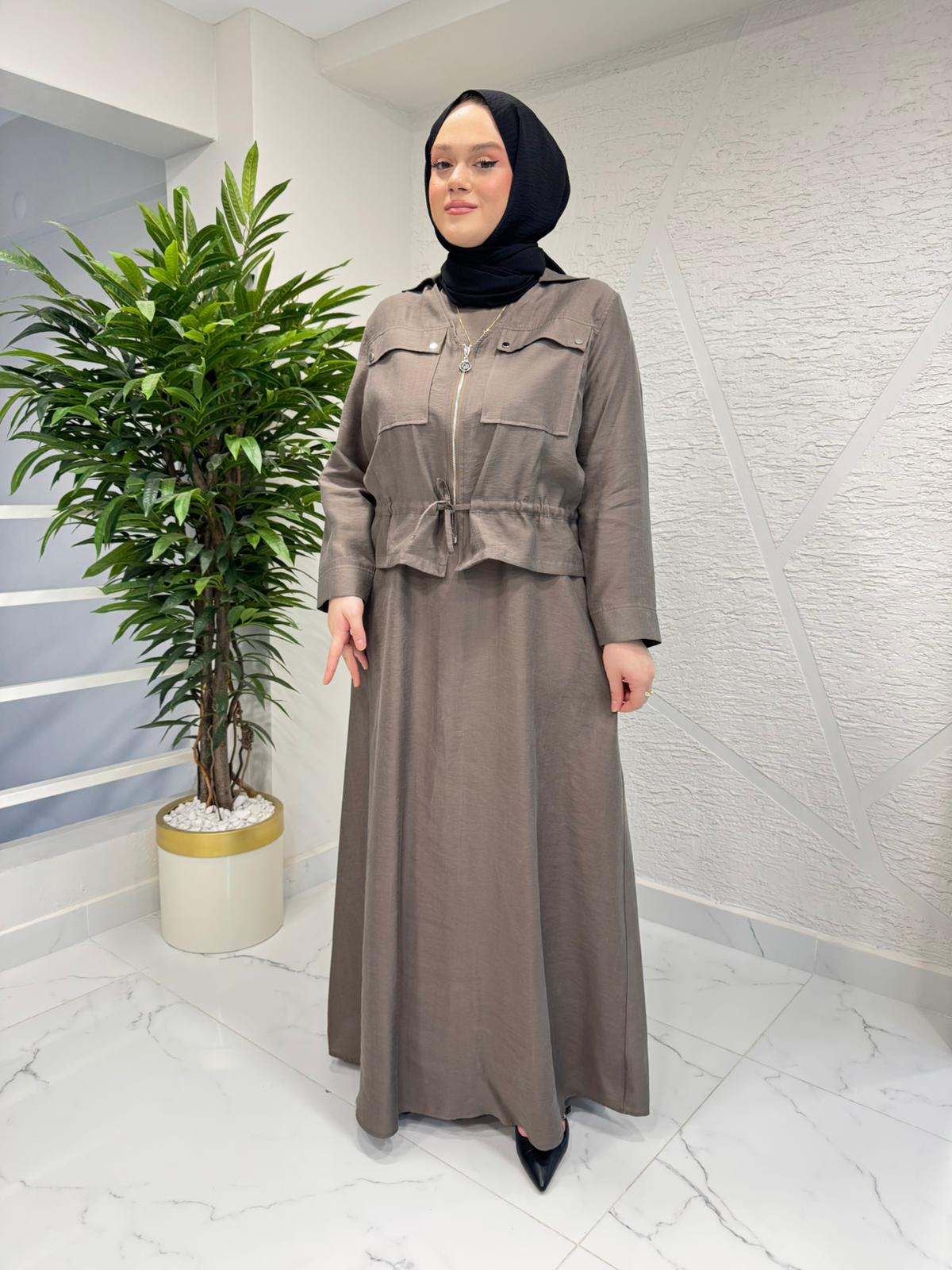 CEREMONY 26Y909 BELİ BÜZGÜLÜ VE FERMUAR DETAYLI SAFARİ BOLEROLU ELBİSE VİZON